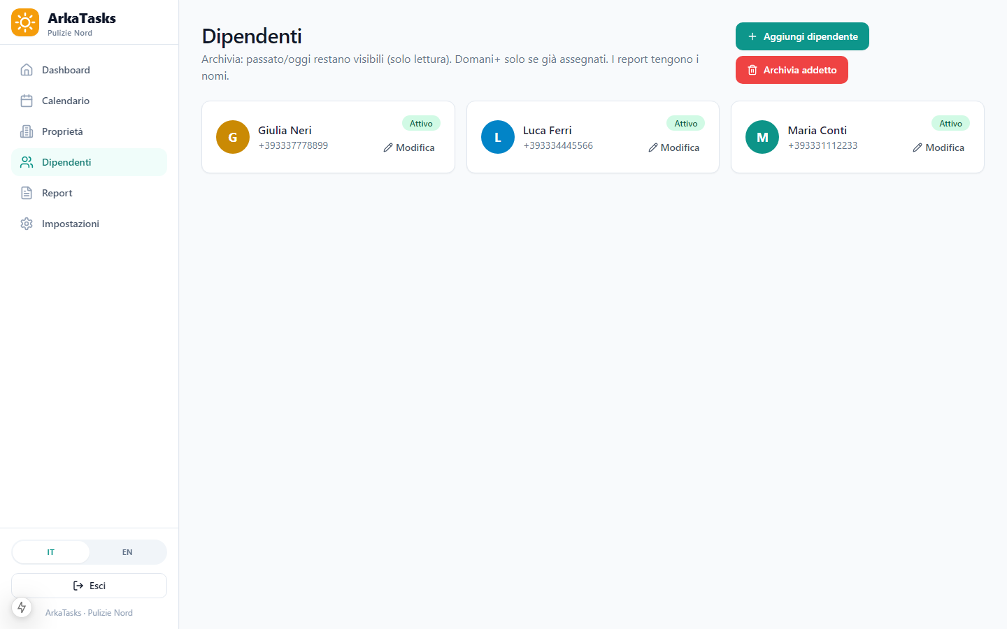 Screenshot dipendenti ArkaTasks